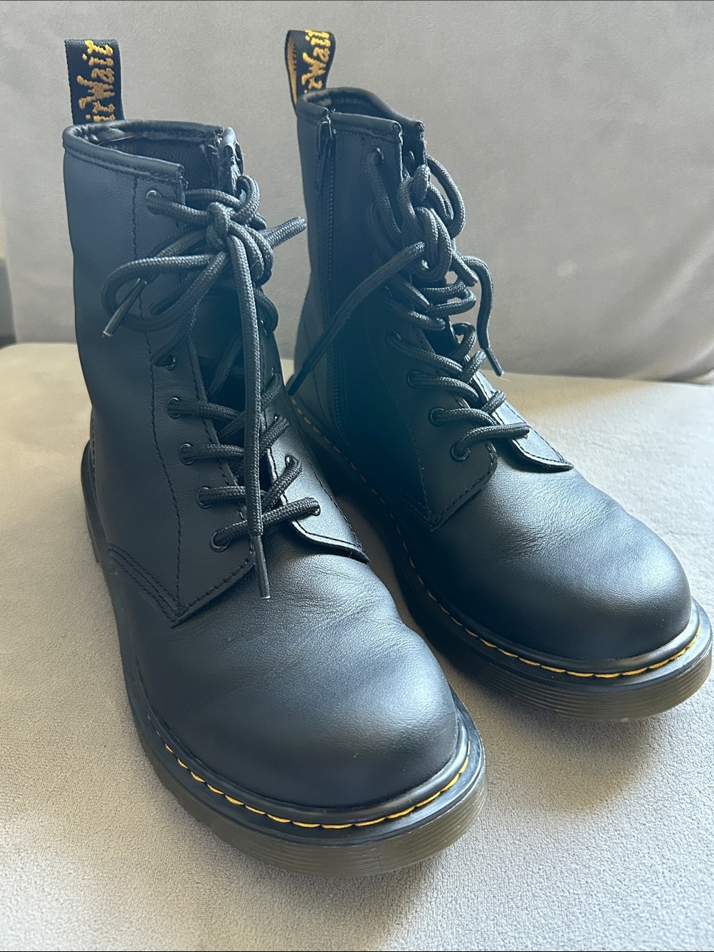 Dr. Martens Black Leather Lace-Up Boots with Yellow Stitching